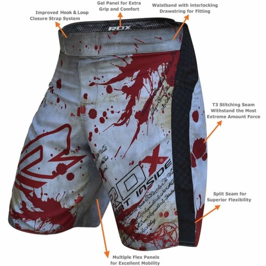 Ervaar ongeëvenaarde prestaties met de RDX Blood MMA shorts, ontworpen voor comfort en stevigheid met antislip tailleband en T3 stiksels.