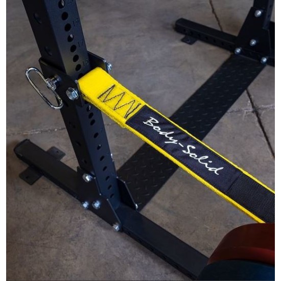 ProClubLine Power Rack Strap Safeties zijn versterkte nylon banden voor Body-Solid SPR1000, getest tot 4536 kg, voor meer veiligheid tijdens zware trainingen.