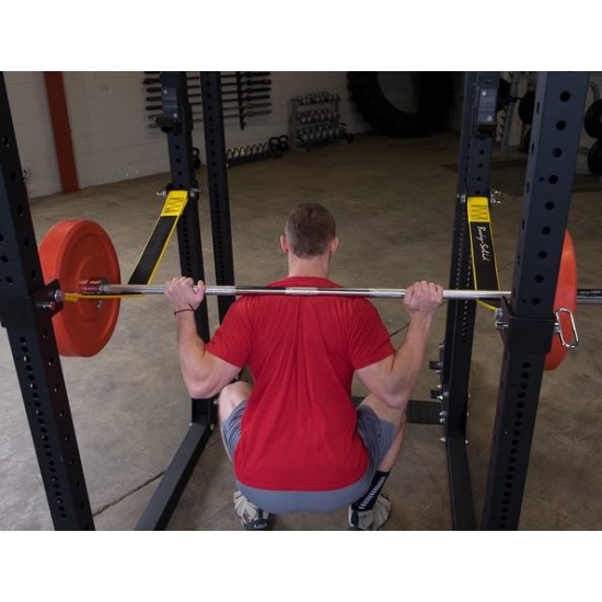 ProClubLine Power Rack Strap Safeties zijn versterkte nylon banden voor Body-Solid SPR1000, getest tot 4536 kg, voor meer veiligheid tijdens zware trainingen.