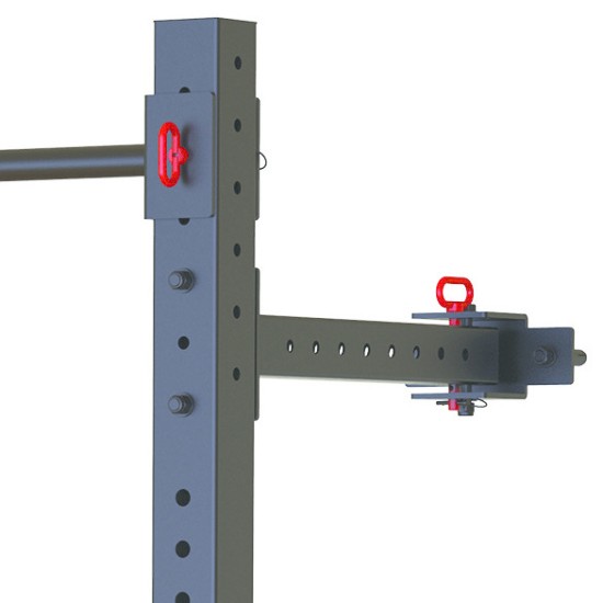 Ruimtebesparend opvouwbaar wall rack van Toorx met chin-up bar en J-hook. Ideaal voor een garage workout.