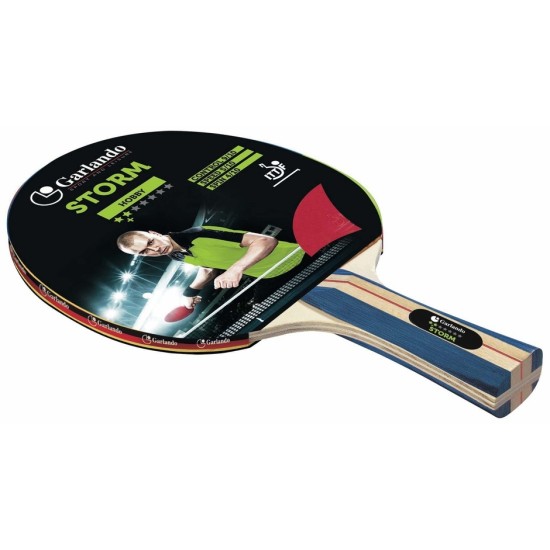 Garlando Storm ping pong bat met een 6 mm multiplex blad, noppenrubber en 1,5mm spons laag. Perfect voor recreatief gebruik.