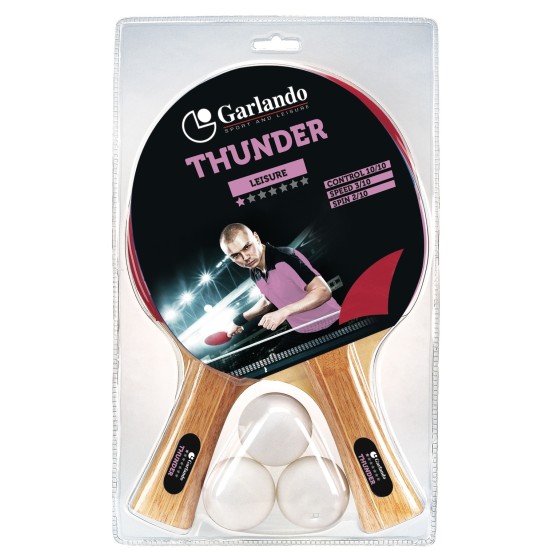 Garlando Thunder set bevat 2 batjes en 3 pingpong balletjes, ideaal voor tafeltennis en starters. Hoogwaardige multiplex en noppenrubber.