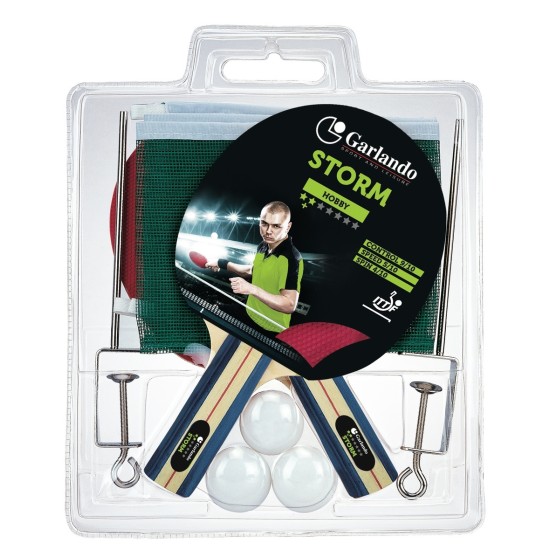 Garlando Storm Plus set met 2 batjes, 3 pingpong balletjes en een net met verstelbare paaltjes. Ideaal voor hobbygebruik.