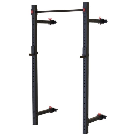 Ruimtebesparend opvouwbaar wall rack van Toorx met chin-up bar en J-hook. Ideaal voor een garage workout.