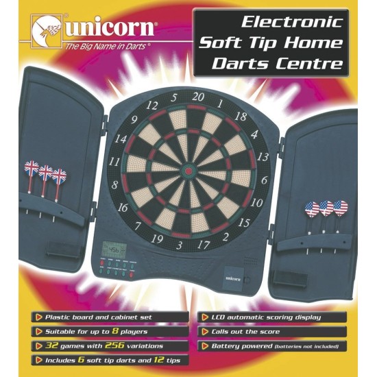 Garlando Unicorn 580 elektronisch dartbord, geschikt voor maximaal 8 spelers met 32 spellen en 256 variaties. Inclusief set van 6 darts.