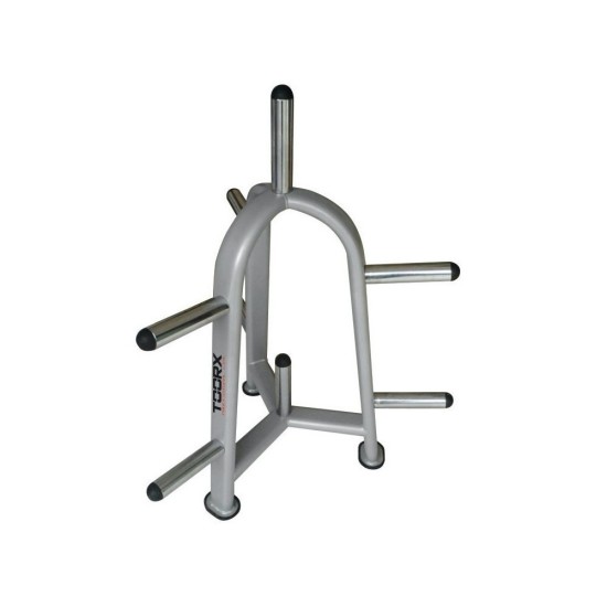 Ontdek het Toorx Professional halterschijven opbergrek met 8 stangen en ruimte voor meer dan 20 olympische halterschijven.