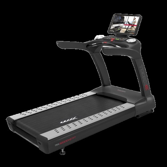 Fluisterstille Toorx TRX-9000 EVO TFT loopband met 21,5" HD touch screen, geschikt voor revalidatie en training met diverse apps.
