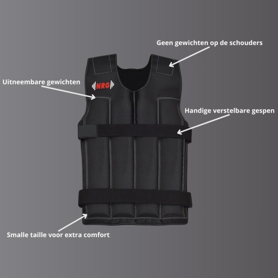 Versterk je training met het NRG gewichtsvest van 18 kg. Verstelbaar, vochtafstotend en met uitneembare gewichten voor optimale trainingseffectiviteit.