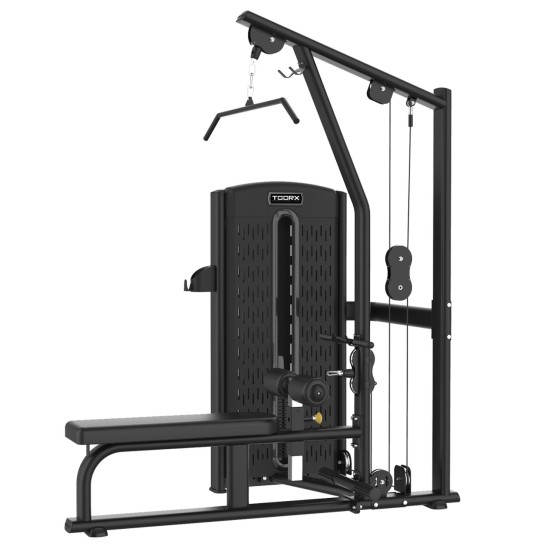 Ontdek de Toorx Professional Lat Pulldown & Seated Row, ideaal voor multifunctioneel gebruik met een stalen gewichtenstapel van 100 kg en ruimtebesparend ontwerp.