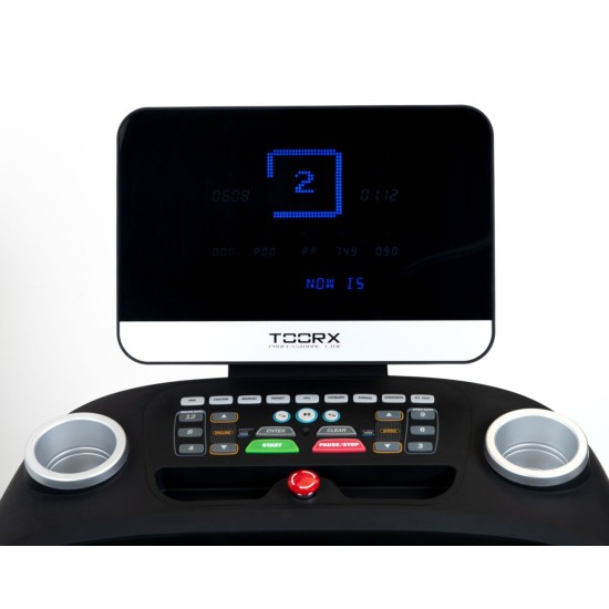Professionele Toorx TRX-9000 EVO loopband met 6/8 pk motor, snelheden tot 25 km/h en een hellingshoek van 19%. Ideaal voor sportscholen.