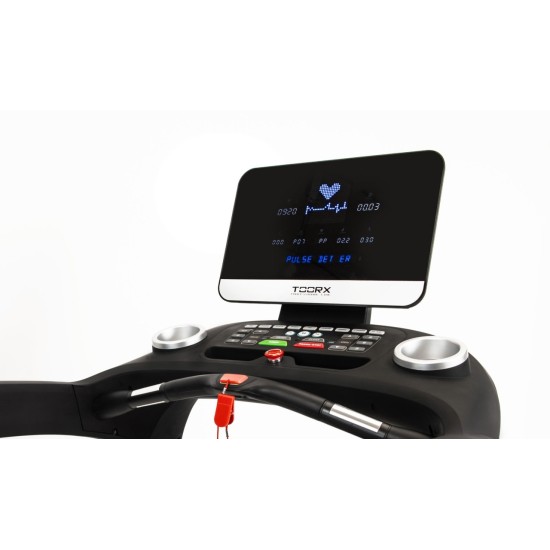 Professionele Toorx TRX-9000 EVO loopband met 6/8 pk motor, snelheden tot 25 km/h en een hellingshoek van 19%. Ideaal voor sportscholen.