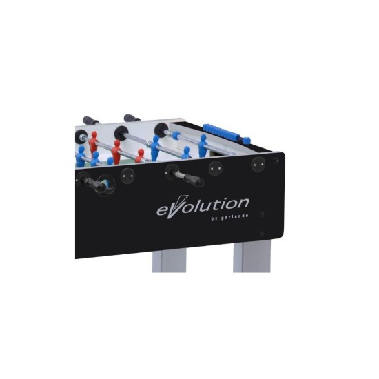 Professionele Garlando F200 Evolution tafelvoetbaltafel met gezandstraalde glasplaat en optionele telescopische stangen voor extra veiligheid. Geschikt voor alle niveaus.