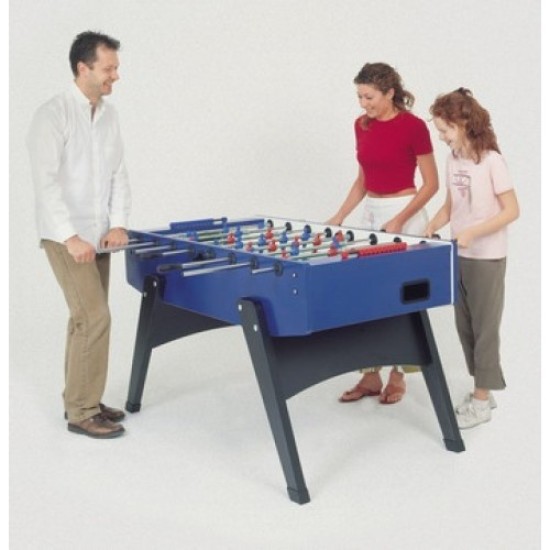 Hoogwaardige Garlando G-2000 blauwe voetbaltafel, duurzaam en robuust, perfect voor professioneel en openbaar gebruik. Gewicht: 75 kg.