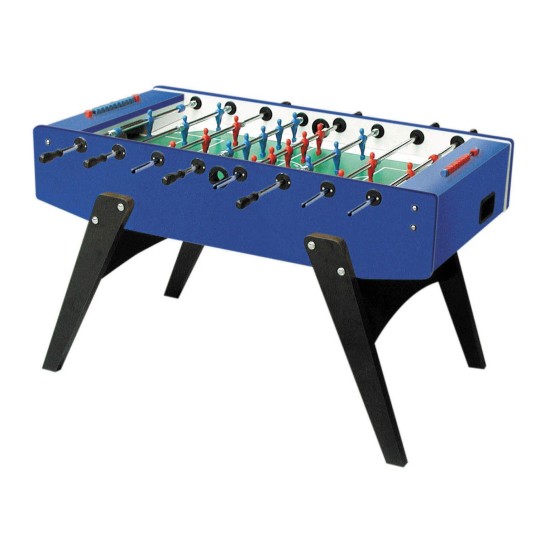 Hoogwaardige Garlando G-2000 blauwe voetbaltafel, duurzaam en robuust, perfect voor professioneel en openbaar gebruik. Gewicht: 75 kg.
