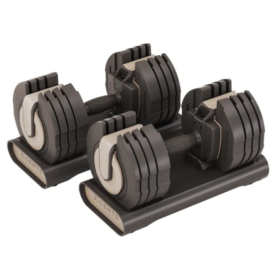 Verstelbare dumbbells van Centr met een bereik van 2.3 tot 22.5 kg en ergonomische handgrepen. Inclusief digitale coaching via Centr app.
