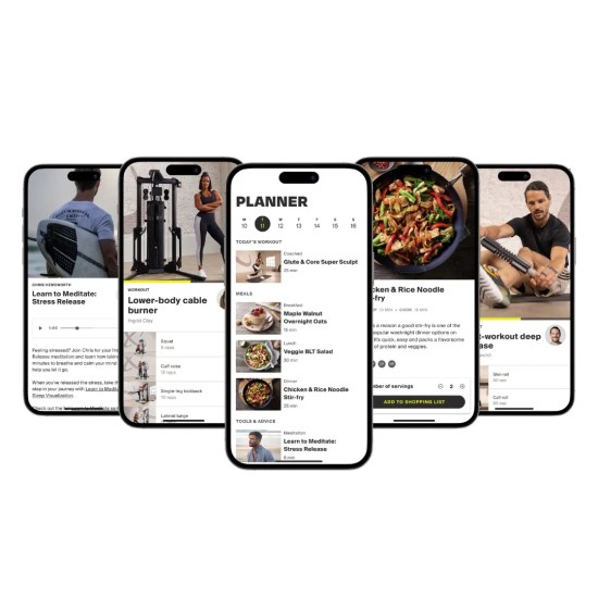 Verstelbare dumbbells van Centr met een bereik van 2.3 tot 22.5 kg en ergonomische handgrepen. Inclusief digitale coaching via Centr app.