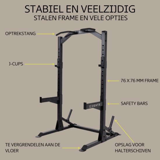 Bouw een thuisgym met het Centr Half Rack, inclusief optrekstang, verstelbare safeties en ingebouwde opslag voor halterschijven. Ideaal voor vrije gewichten.