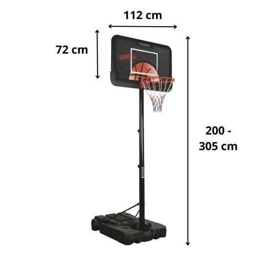 Robuste Garlando basketbalpaal Cleveland, in hoogte verstelbaar van 200 tot 305 cm, ideaal voor buiten, met stevige basis en veilig vergrendelingsmechanisme.