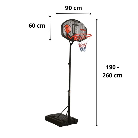 Basketbalpaal van Garlando, verstelbaar van 190 tot 260 cm. Voorzien van Memphis street print en stabiele basis met waterballast.