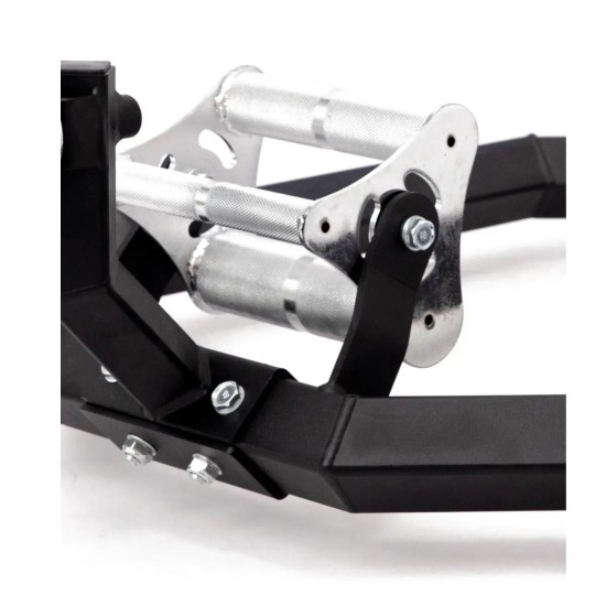 Verchroomde Olympische hex bar met triple grip, maximaal 300 kg, 28 kg netto gewicht, 180 cm lang. Ideaal voor krachtsporters.