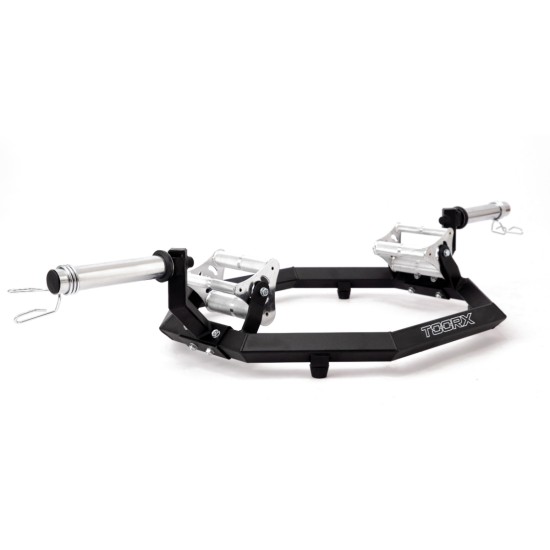 Verchroomde Olympische hex bar met triple grip, maximaal 300 kg, 28 kg netto gewicht, 180 cm lang. Ideaal voor krachtsporters.