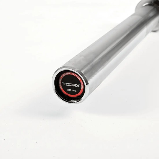 Krachtige Toorx Professional BO-1000 Cross Competition Halterstang van 20 kg met maximale belasting van 1000 kg, ideaal voor zware training.