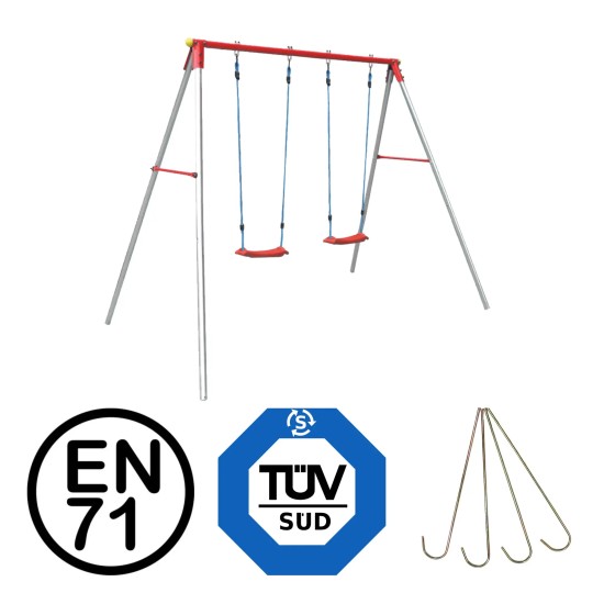 Robuste Garlando schommel met stevige constructie, geschikt voor kinderen van 3 tot 10 jaar. Maximale belasting: 50 kg per zitplaats.