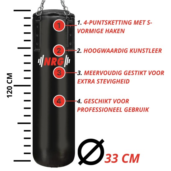 Hoogwaardig NRG Boxing F9B bokszak van kunstleer, geschikt voor professioneel gebruik in kickboksen, boksen en thaiboksen. Verkrijgbaar in 120 cm en 150 cm.