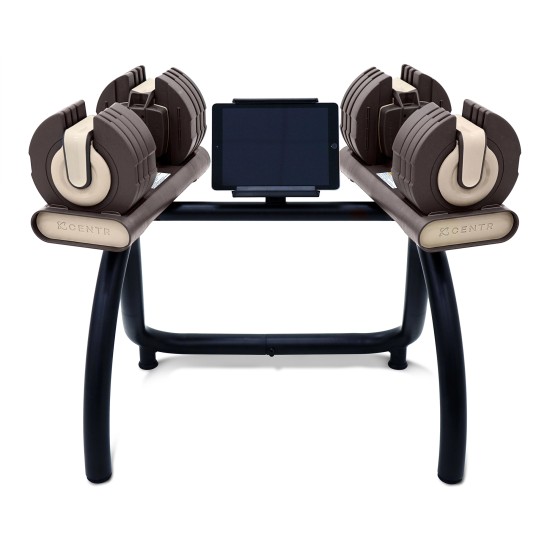 Ergonomisch ontworpen gewichtstandaard van Centr, geschikt voor Centrum Smart Stack 50 dumbbells en tablets, met een beperkte levenslange garantie.