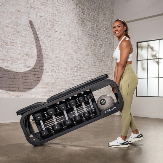 Centr Fusion Bench met verstelbare posities voor veelzijdige workouts en opbergruimte voor dumbbells, ideaal voor thuisgym.