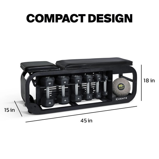 Centr Fusion Bench met verstelbare posities voor veelzijdige workouts en opbergruimte voor dumbbells, ideaal voor thuisgym.