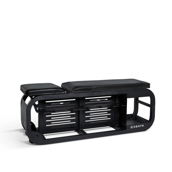 Centr Fusion Bench met verstelbare posities voor veelzijdige workouts en opbergruimte voor dumbbells, ideaal voor thuisgym.