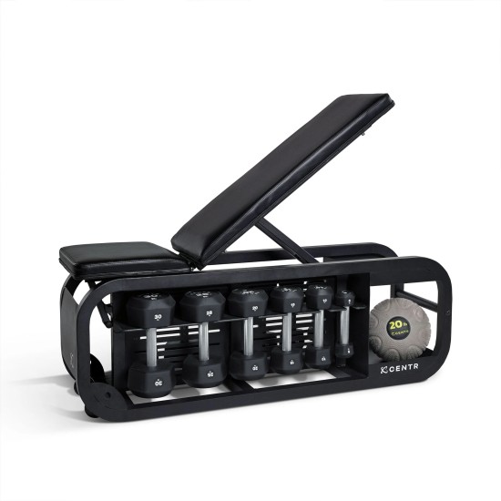 Centr Fusion Bench met verstelbare posities voor veelzijdige workouts en opbergruimte voor dumbbells, ideaal voor thuisgym.