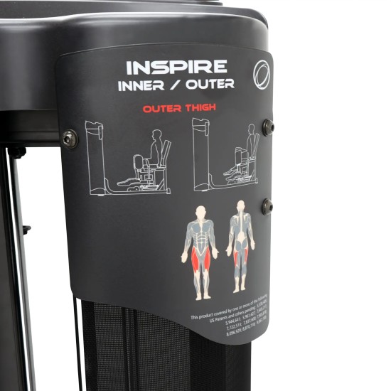 Inspire Dual Station Inner + Outer, ideaal voor adductoren en abductoren training. Compact ontwerp met onafhankelijke gewichtsblokken van 50 kg.