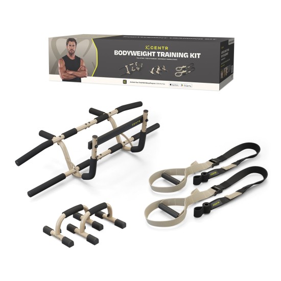 Centr's Bodyweight Training Kit voor volledige body workouts. Inclusief pull-up bar, push-up handgrepen en suspensie trainers. Verbeter kracht en uithoudingsvermogen.