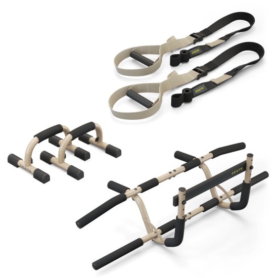 Centr's Bodyweight Training Kit voor volledige body workouts. Inclusief pull-up bar, push-up handgrepen en suspensie trainers. Verbeter kracht en uithoudingsvermogen.