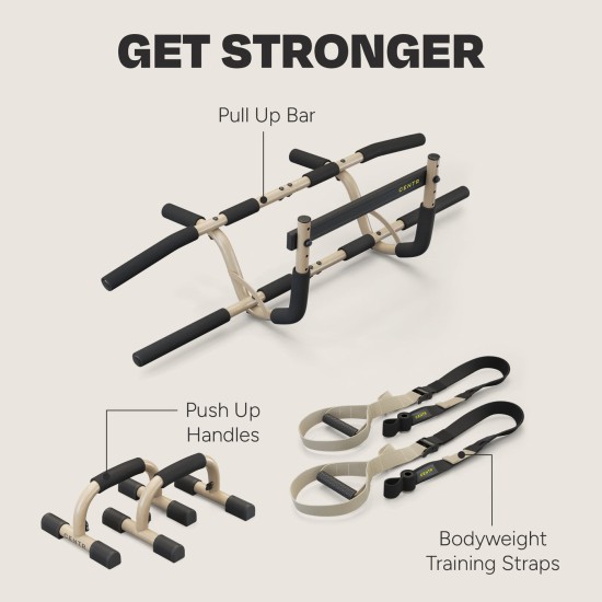 Centr's Bodyweight Training Kit voor volledige body workouts. Inclusief pull-up bar, push-up handgrepen en suspensie trainers. Verbeter kracht en uithoudingsvermogen.