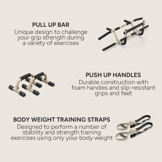 Centr's Bodyweight Training Kit voor volledige body workouts. Inclusief pull-up bar, push-up handgrepen en suspensie trainers. Verbeter kracht en uithoudingsvermogen.