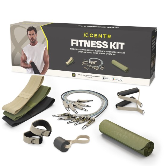 Centr's Fitness Kit biedt een complete oplossing voor een full body workout met weerstandsbanden, fitnesstubes, een yogamat en meer voor thuis of onderweg.