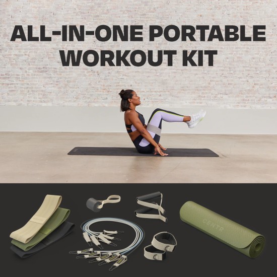Centr's Fitness Kit biedt een complete oplossing voor een full body workout met weerstandsbanden, fitnesstubes, een yogamat en meer voor thuis of onderweg.