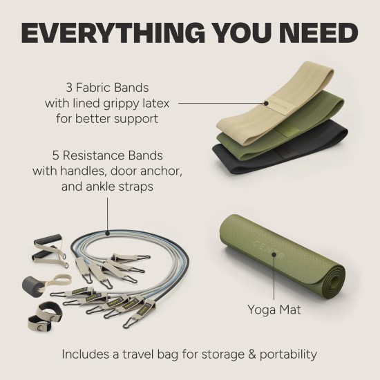 Centr's Fitness Kit biedt een complete oplossing voor een full body workout met weerstandsbanden, fitnesstubes, een yogamat en meer voor thuis of onderweg.
