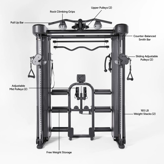 De Inspire Series FT2 PRO is een veelzijdige functionele trainer met 2x 75 kg gewicht, geïntegreerde Smith-bar en 13 accessoires voor thuisfitness.
