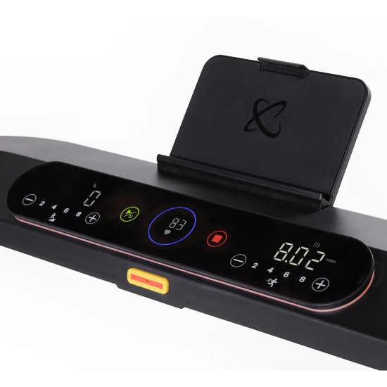 Centr RUNR loopband met ruimtebesparend ontwerp, Bluetooth-integratie, en levenslange garantie. Perfect voor thuis trainen.