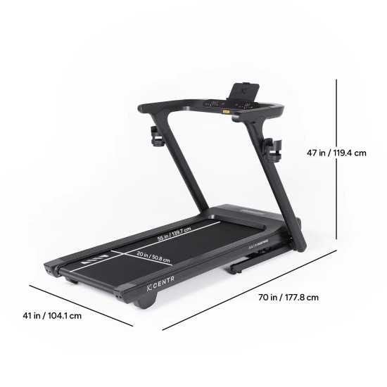 Centr RUNR loopband met ruimtebesparend ontwerp, Bluetooth-integratie, en levenslange garantie. Perfect voor thuis trainen.