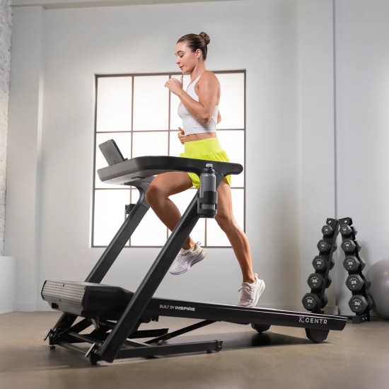 Centr RUNR loopband met ruimtebesparend ontwerp, Bluetooth-integratie, en levenslange garantie. Perfect voor thuis trainen.