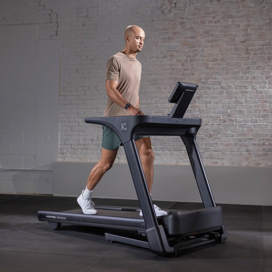 Inspire T4S Loopband met 10" touchscreen, 25 programma's, Bluetooth-connectiviteit en een strakke opvouwbare ontwerp voor thuisgebruik.