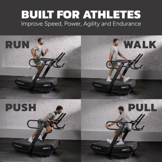 Verbeter je training met de Centr x HYROX Perform Treadmill. Motorloze loopband met schokabsorberend oppervlak en multifunctionele handgreep voor intensieve trainingen.