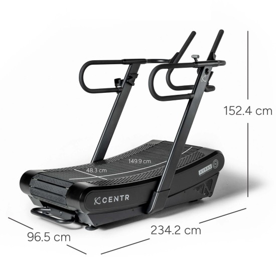 Verbeter je training met de Centr x HYROX Perform Treadmill. Motorloze loopband met schokabsorberend oppervlak en multifunctionele handgreep voor intensieve trainingen.