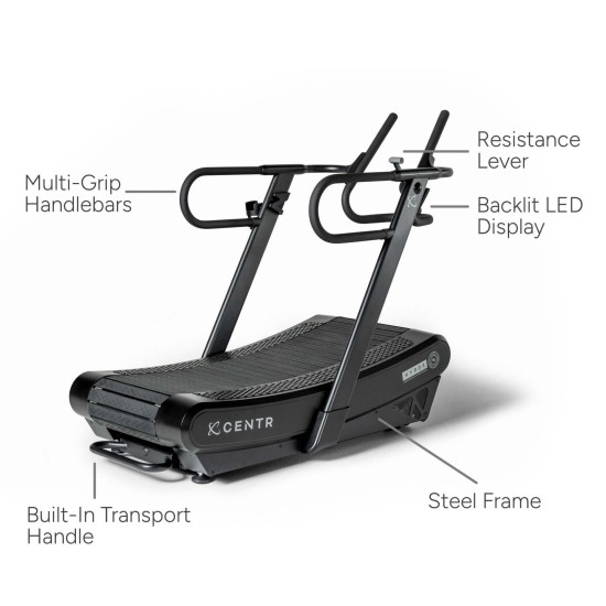 Verbeter je training met de Centr x HYROX Perform Treadmill. Motorloze loopband met schokabsorberend oppervlak en multifunctionele handgreep voor intensieve trainingen.
