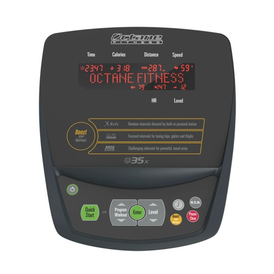 Octane Q35X Crosstrainer biedt unieke ergonomic voor bovenlichaam, realistische hardloopbeweging en diverse trainingsprogramma's voor een volledige lichaamstraining.